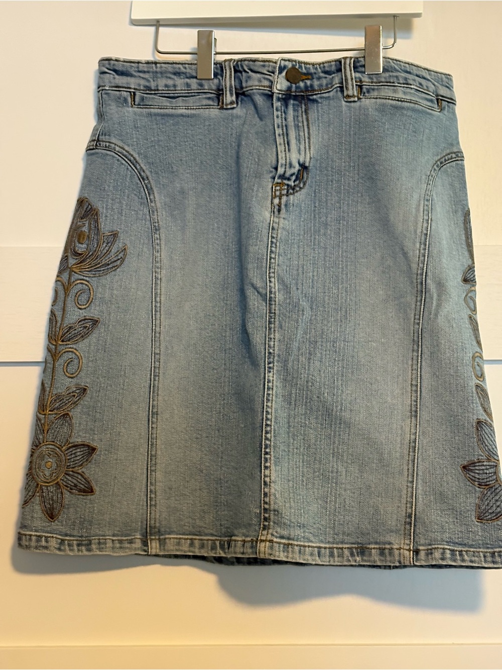 Light Blue Embroidered Denim A-Line Skirt